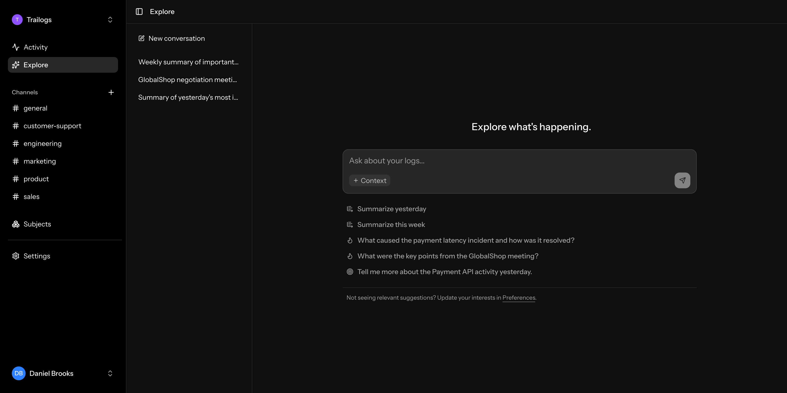 Trailogs operational log timeline showing recorded deployments, incidents, and customer events